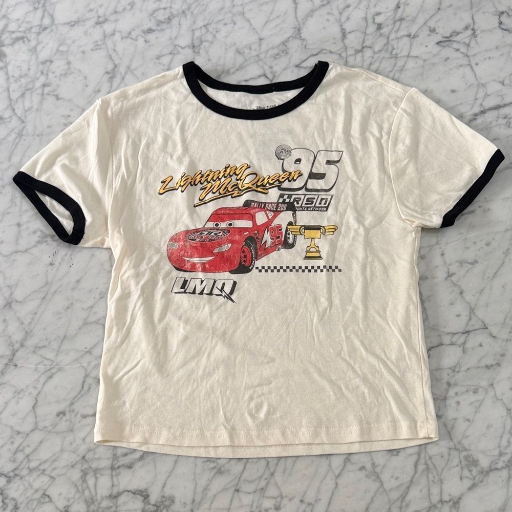 Women Sz XL Lightning McQueen Cars Graphic Tee Crop Ringer